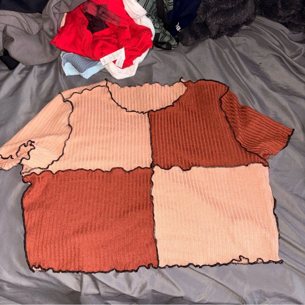 Shein Curve Patchwork Ribbed Knit Top in Brown and Tan